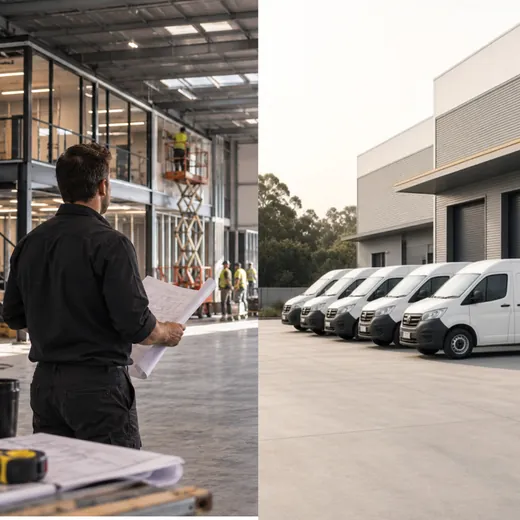 A business owner outside a new warehouse with a fleet of vans