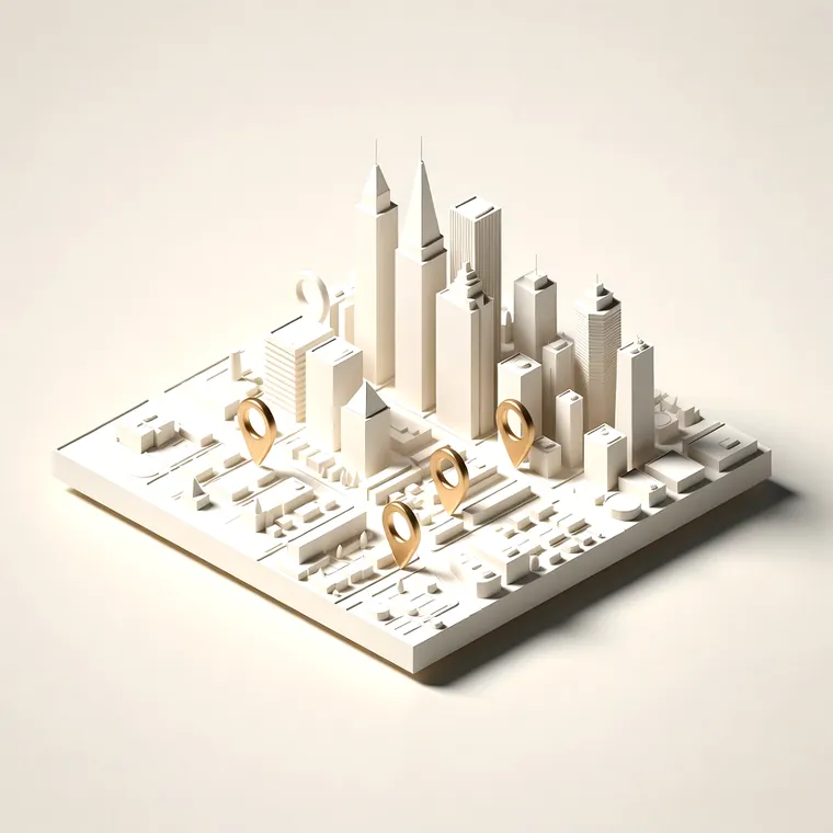 A city map model covered in gold location pins