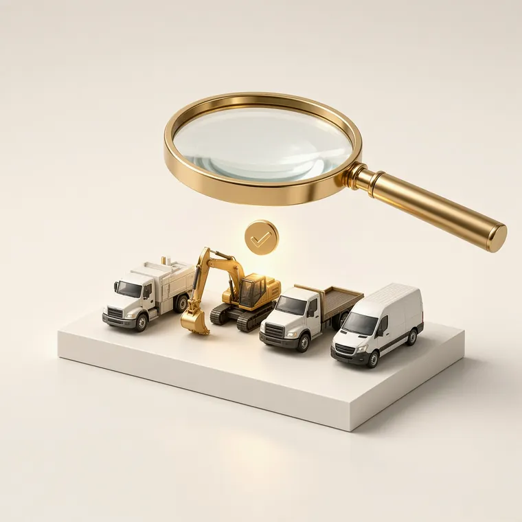 A gold magnifying glass held over a row of work vehicles