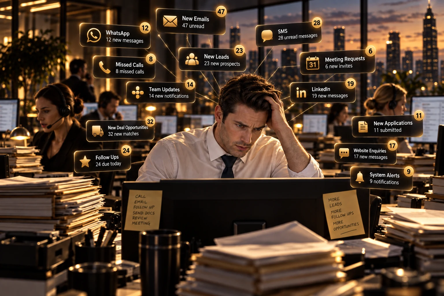 A salesperson overwhelmed at his desk while business opportunities pile up around him